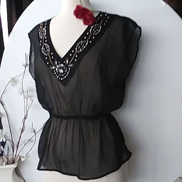 Charming Charlie Sheer Sparkly Gem Bead Embellished Black Blouse Size Small - Picture 2 of 10